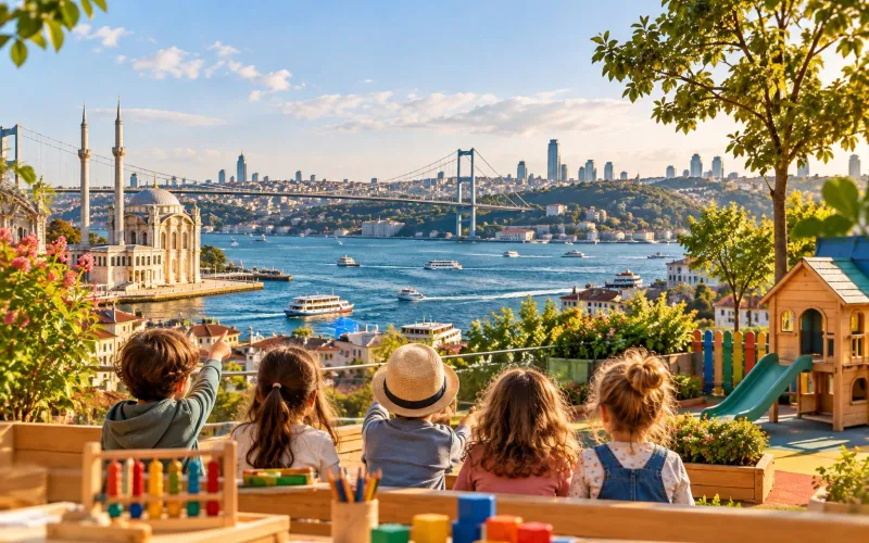 İstanbul Boğazı'na bakan bahçede oynayan çocuklar